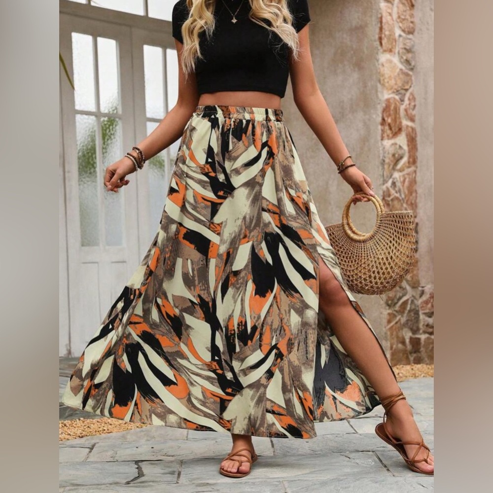 Boho Breeze Maxi Skirt XL Tropical Print with Slit | Orange Black Resort Style - Picture 2 of 7